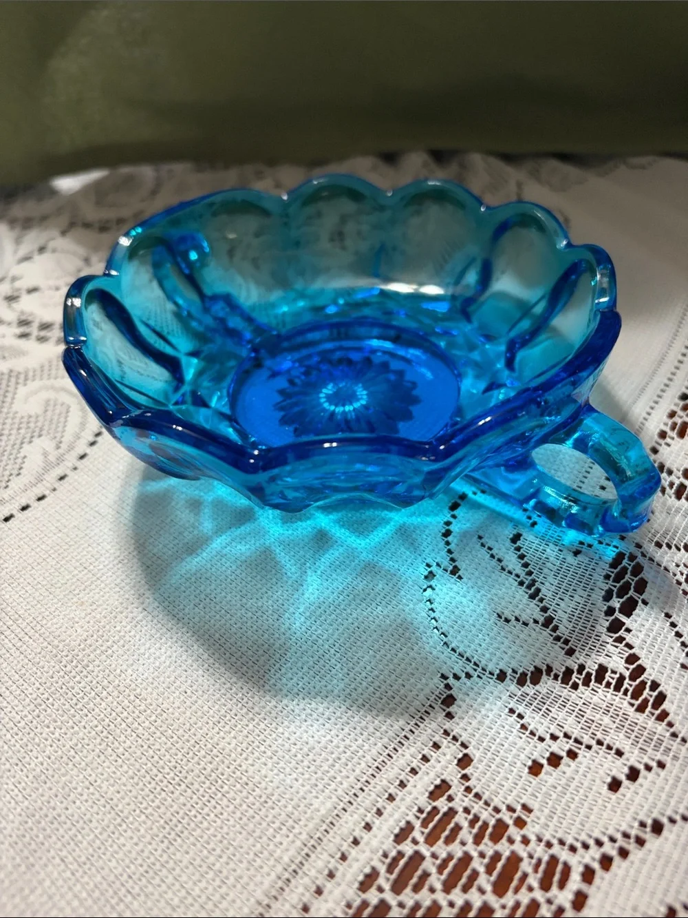 Vintage double handled Blue Glass Thumbprint pattern Candy Dish